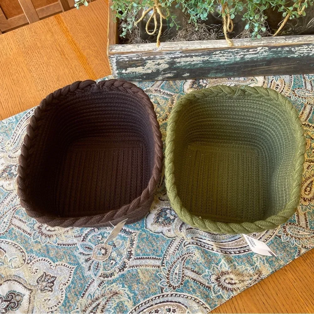 Woven Braided Storage Baskets Set Of 2 Brown Olive Green